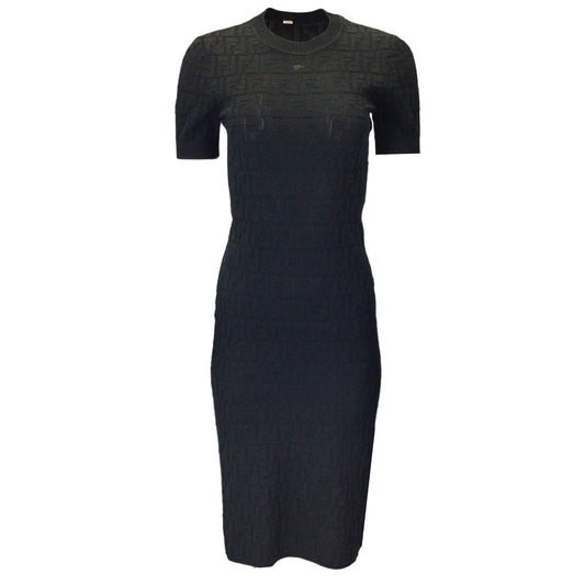 Fendi Black FF Monogram Short Sleeved Knit Midi Dress