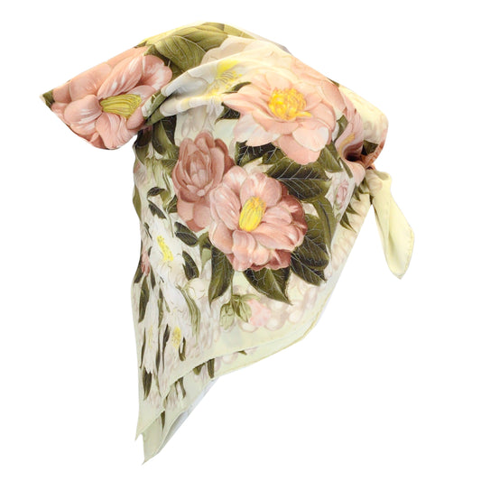 Chanel Vintage Light Lime Green / Pink Multi Camellia Print Square Silk Twill Scarf