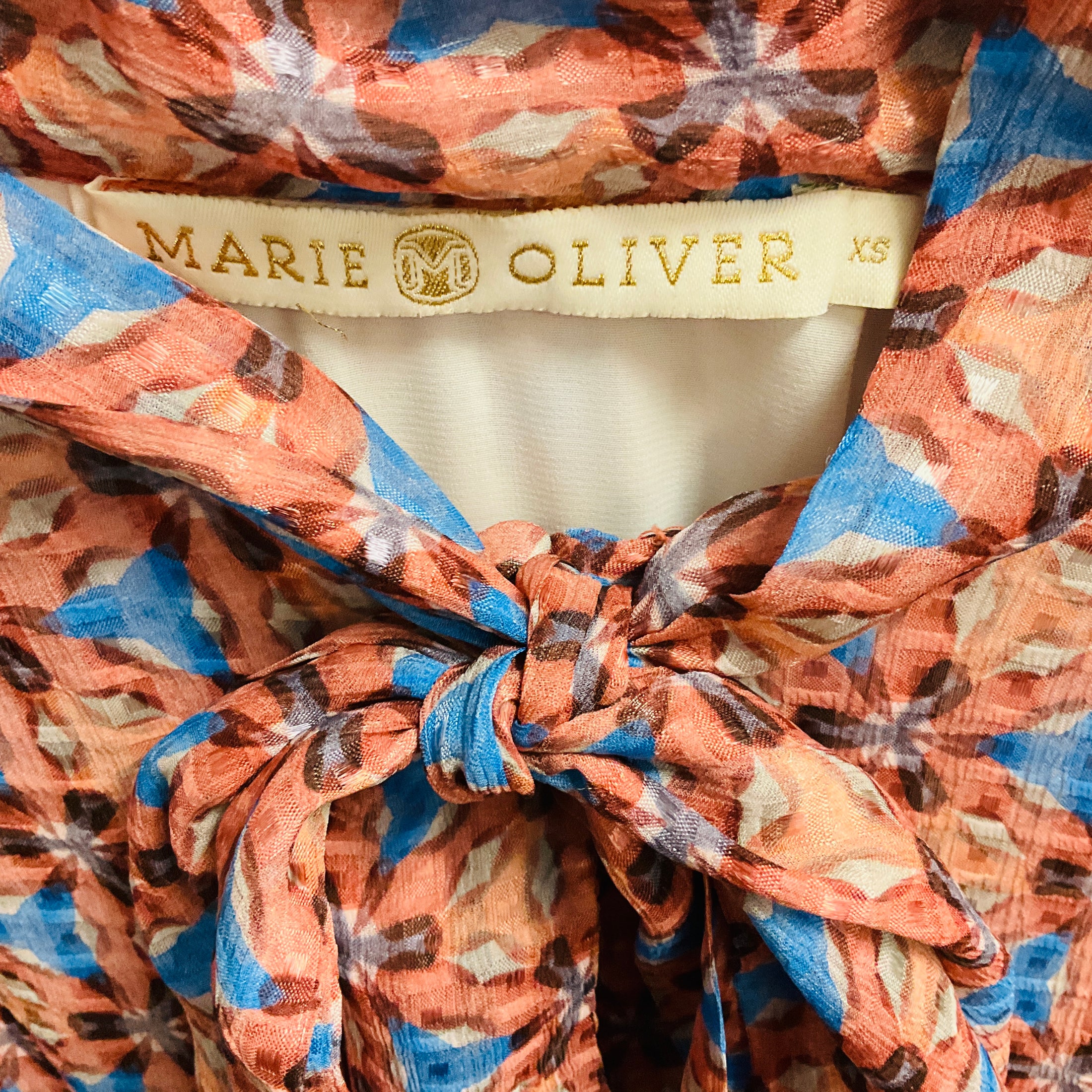 Marie Oliver Pink / Blue Printed Tie Neck Long Sleeved Silk Maxi Dress