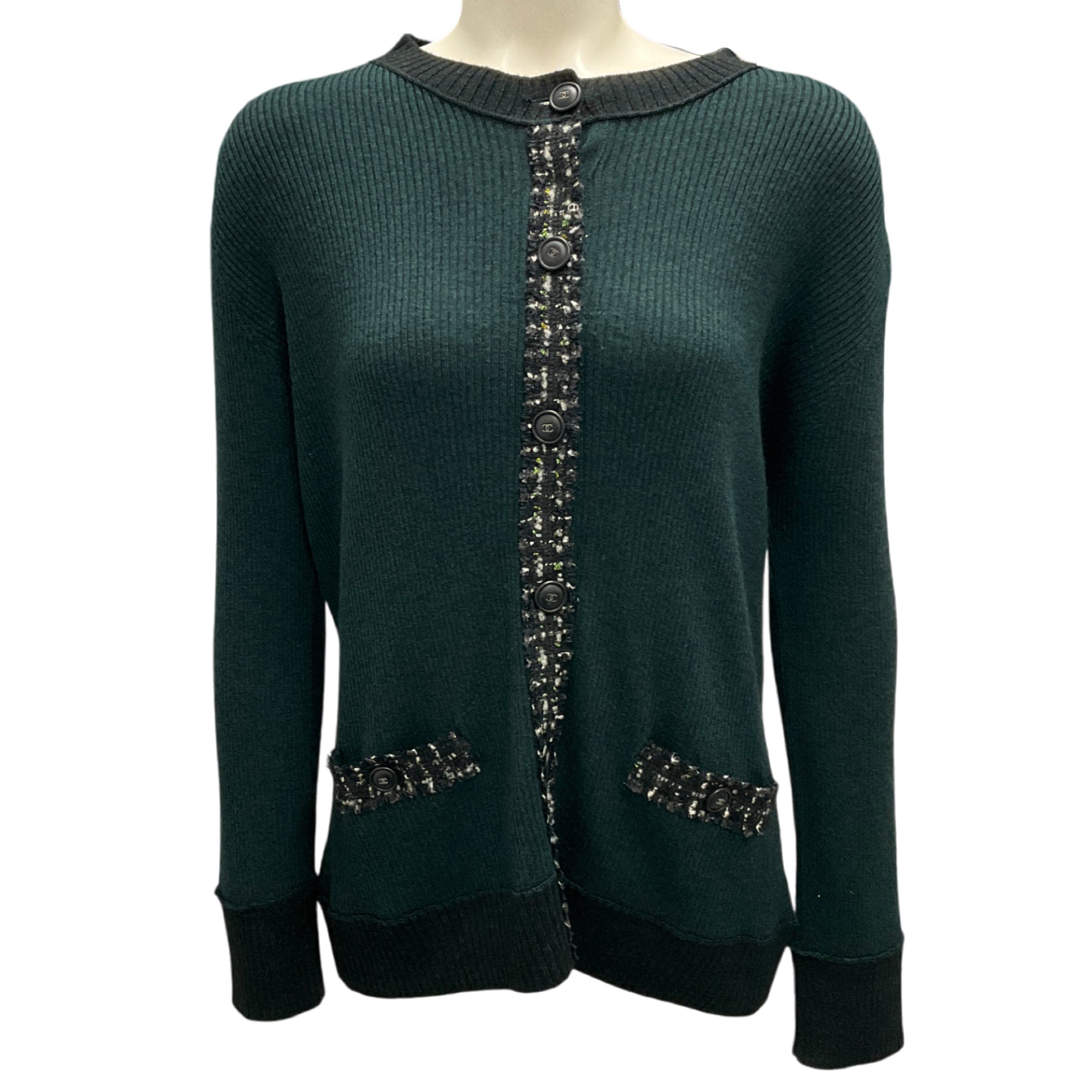 Chanel Dark Green Wool and Cashmere Knit Cardigan Sweater