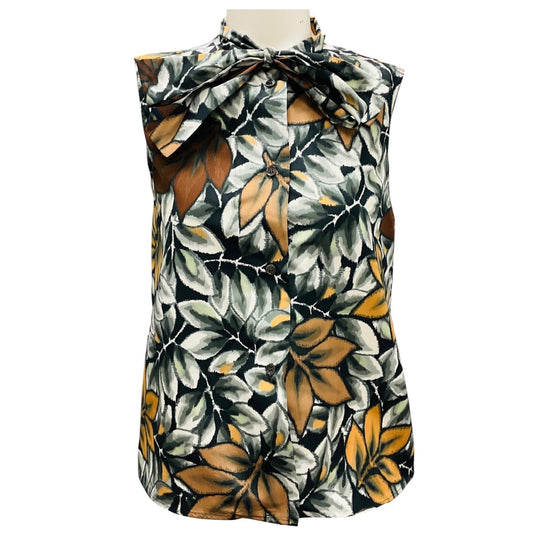 Marni Green / Brown Tie-Neck Leaf Print Sleeveless Top