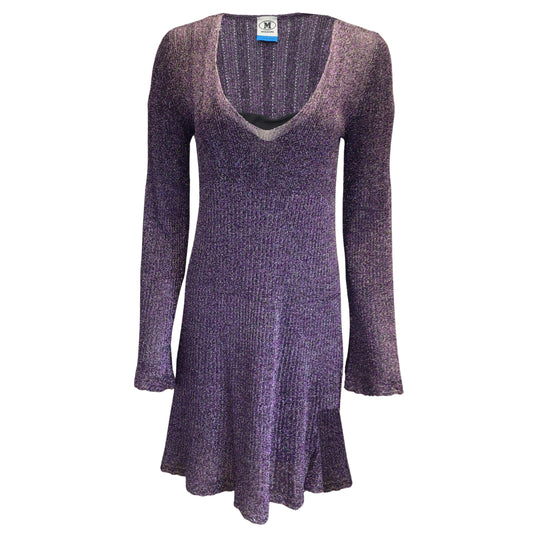 Missoni Collection Purple / Black / Silver Metallic Shimmery Long Sleeved V-Neck Flared Knit Dress