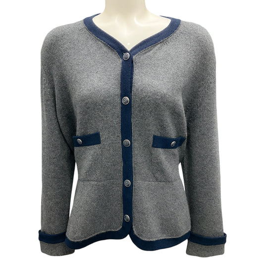 Chanel Grey / Navy Blue Cashmere Knit Cardigan Sweater