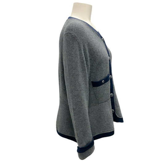 Chanel Grey / Navy Blue Cashmere Knit Cardigan Sweater