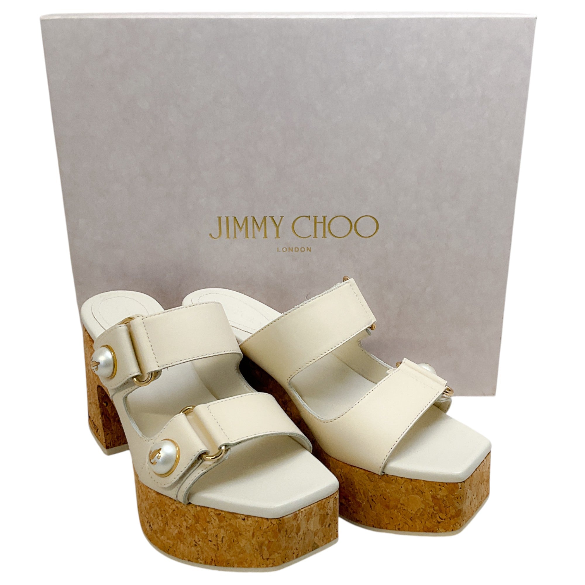 Jimmy Choo Latte Leather Fayence Cork Wedge Sandals