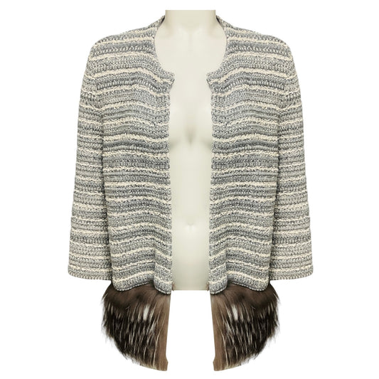 Carolina Herrera Grey Wool Knit Cardigan Jacket with Fox Fur Hem