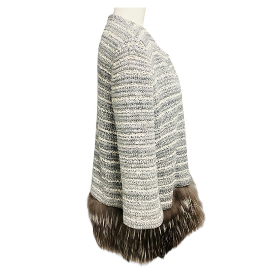 Carolina Herrera Grey Wool Knit Cardigan Jacket with Fox Fur Hem