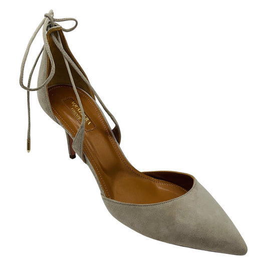 Aquazzura Light Grey Suede Pointed Toe Ankle Wrap Pumps