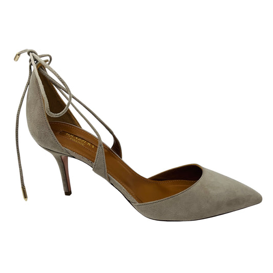 Aquazzura Light Grey Suede Pointed Toe Ankle Wrap Pumps