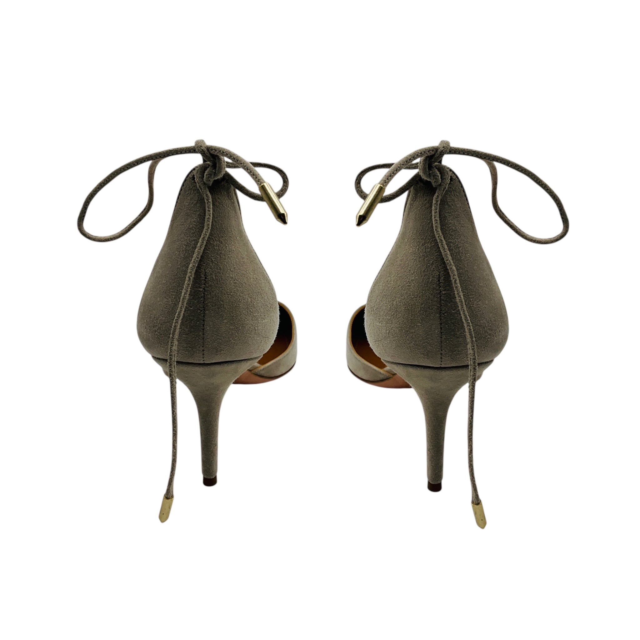 Aquazzura Light Grey Suede Pointed Toe Ankle Wrap Pumps