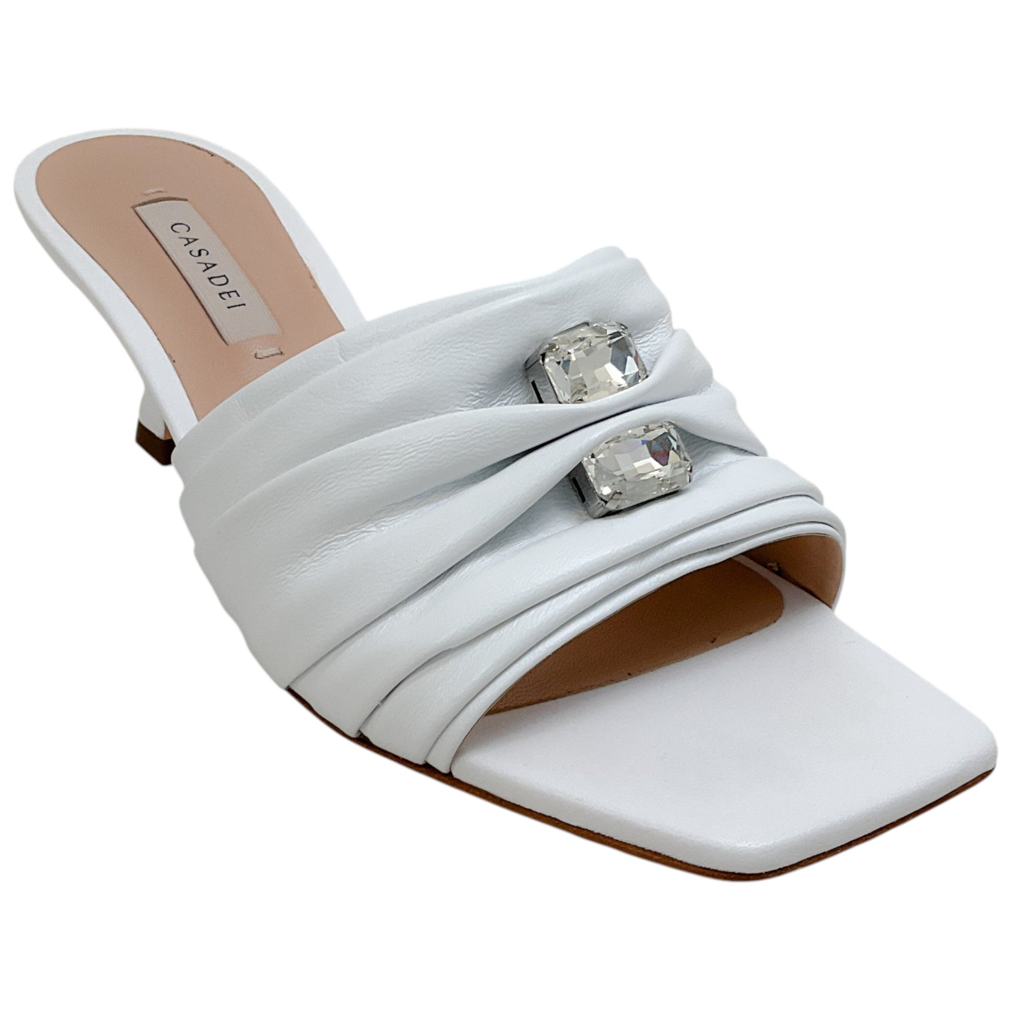 Casadei White Leather Ruched Slides with Crystals
