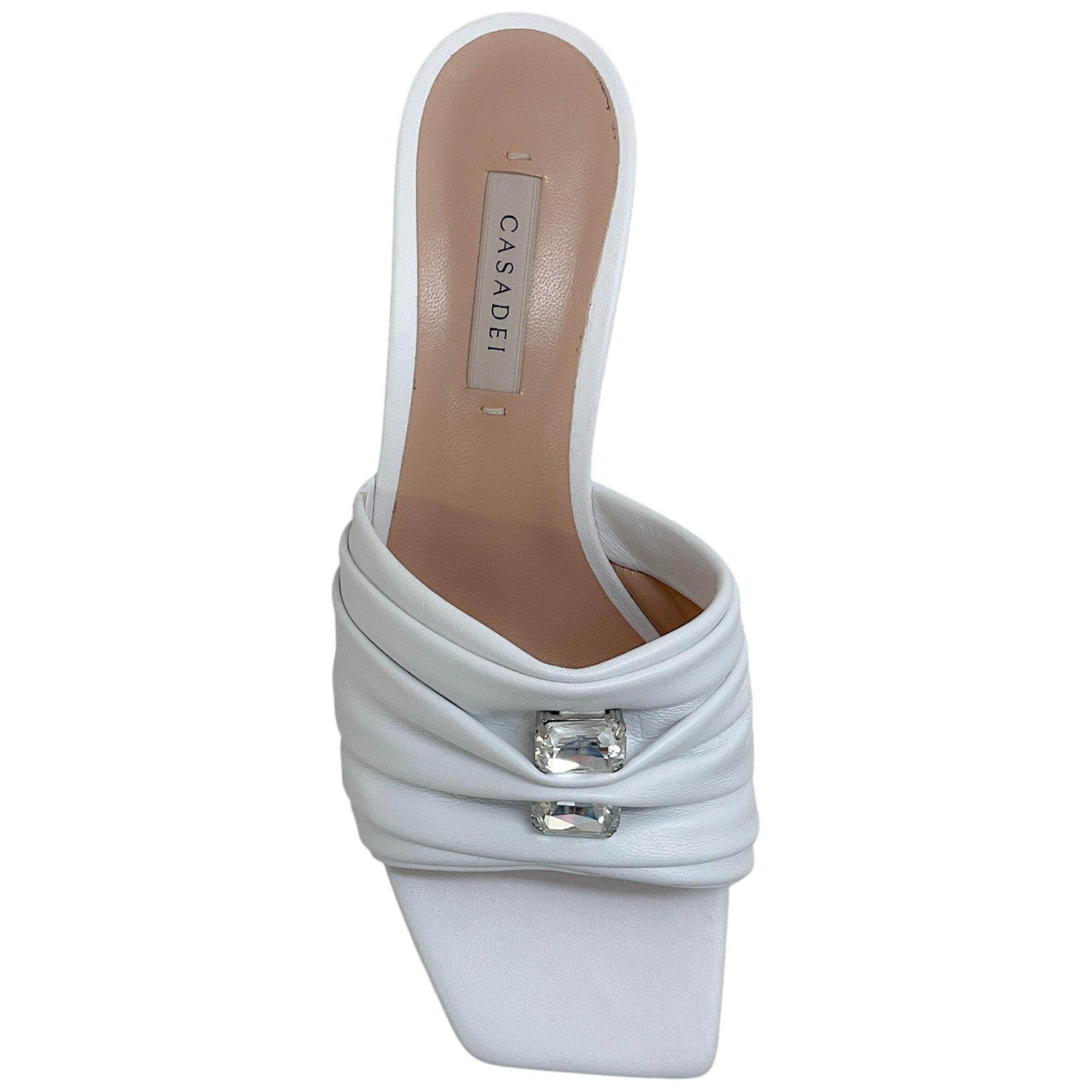 Casadei White Leather Ruched Slides with Crystals