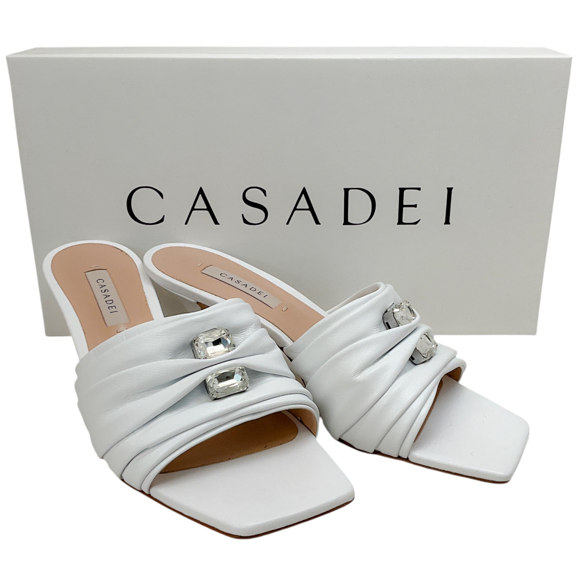 Casadei White Leather Ruched Slides with Crystals