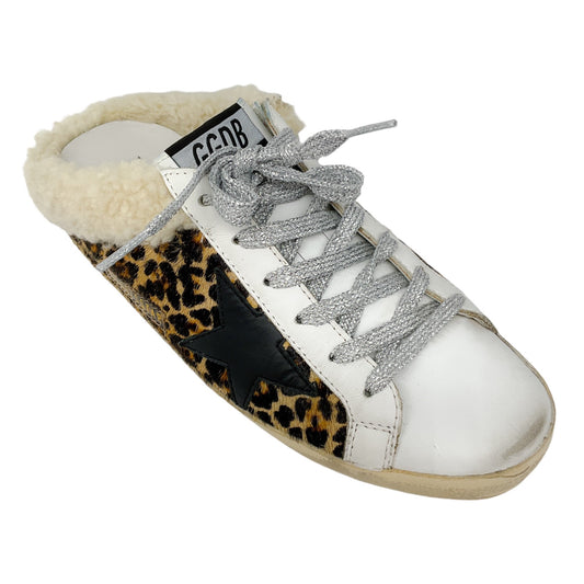 Golden Goose Deluxe Brand GGDB White Multi Shearling Trimmed Leopard Print Pony Hair Open Back Superstar Sneakers