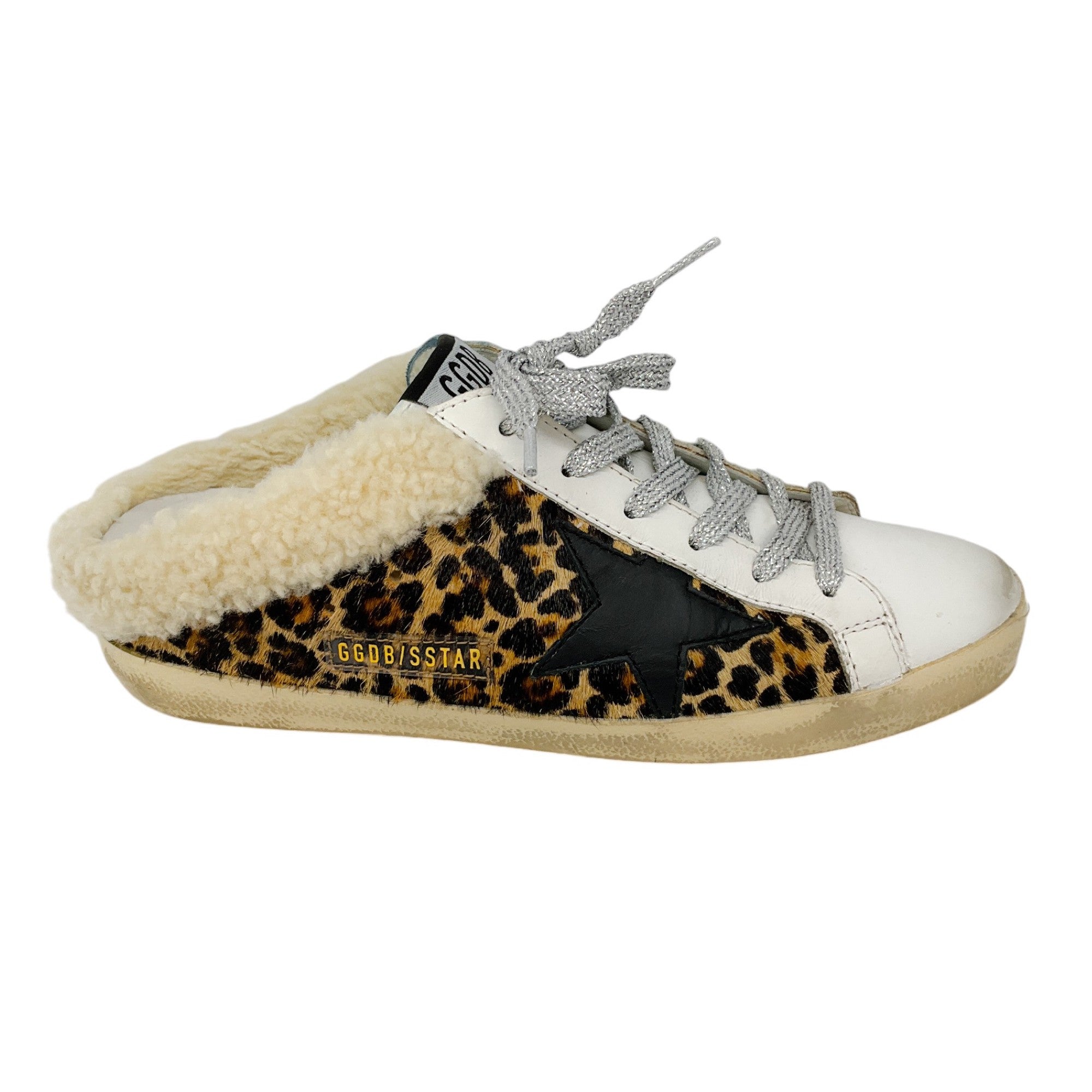 Golden Goose Deluxe Brand GGDB White Multi Shearling Trimmed Leopard Print Pony Hair Open Back Superstar Sneakers