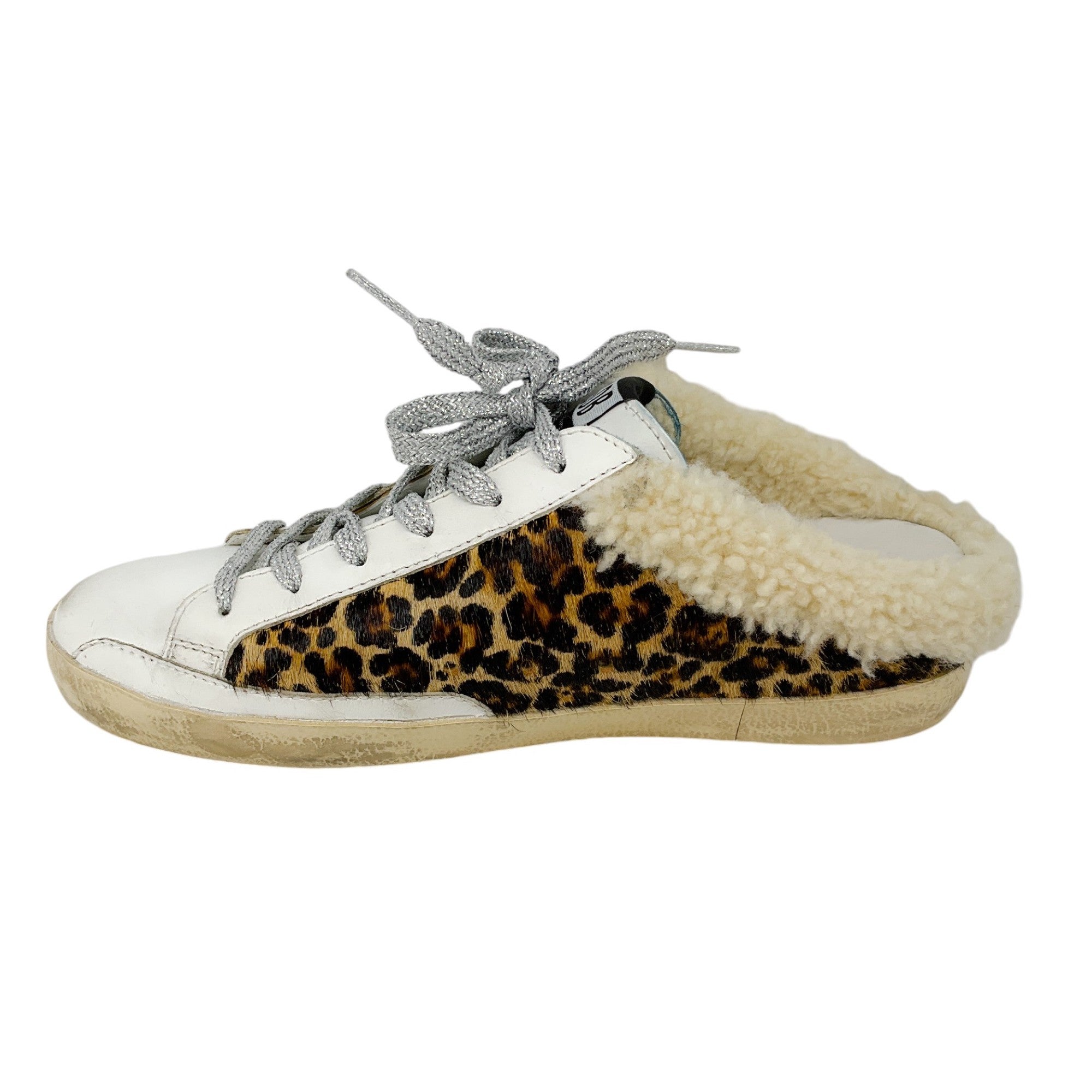 Golden Goose Deluxe Brand GGDB White Multi Shearling Trimmed Leopard Print Pony Hair Open Back Superstar Sneakers