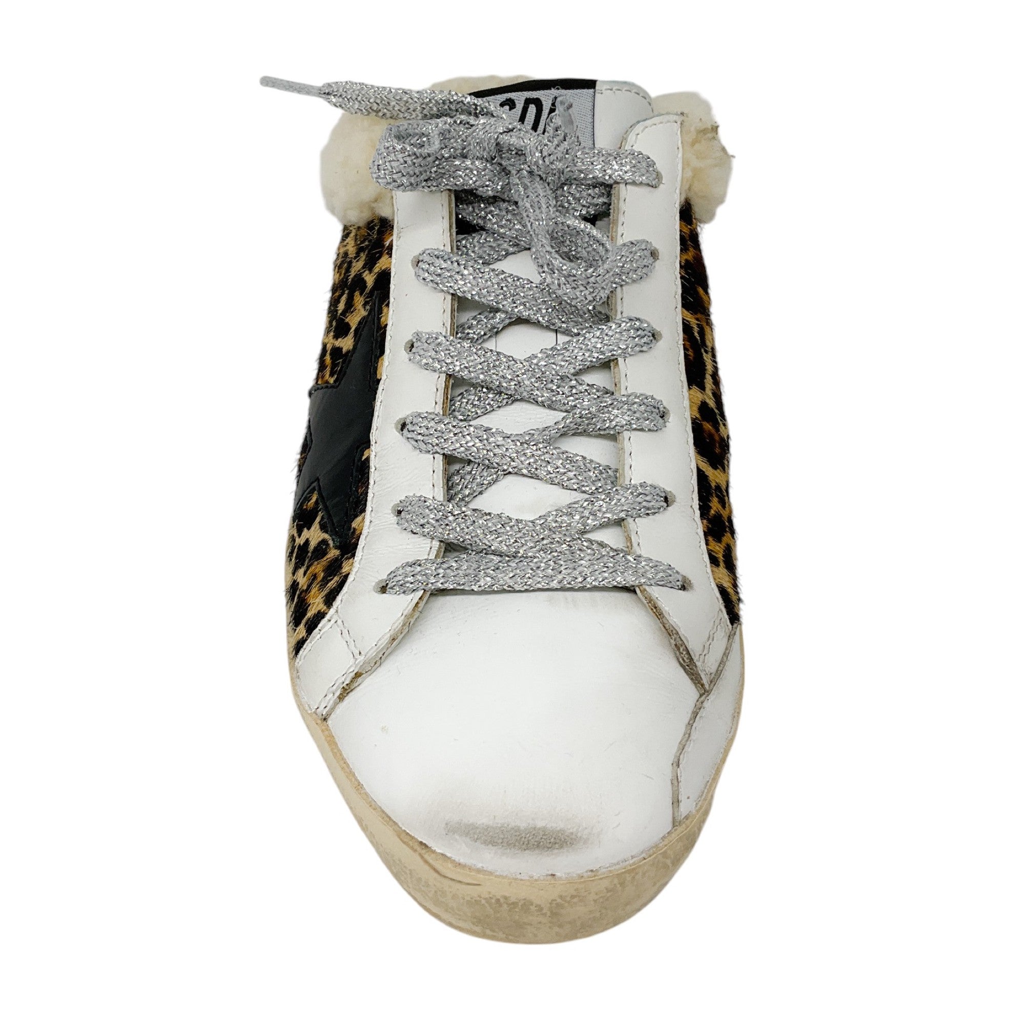 Golden Goose Deluxe Brand GGDB White Multi Shearling Trimmed Leopard Print Pony Hair Open Back Superstar Sneakers