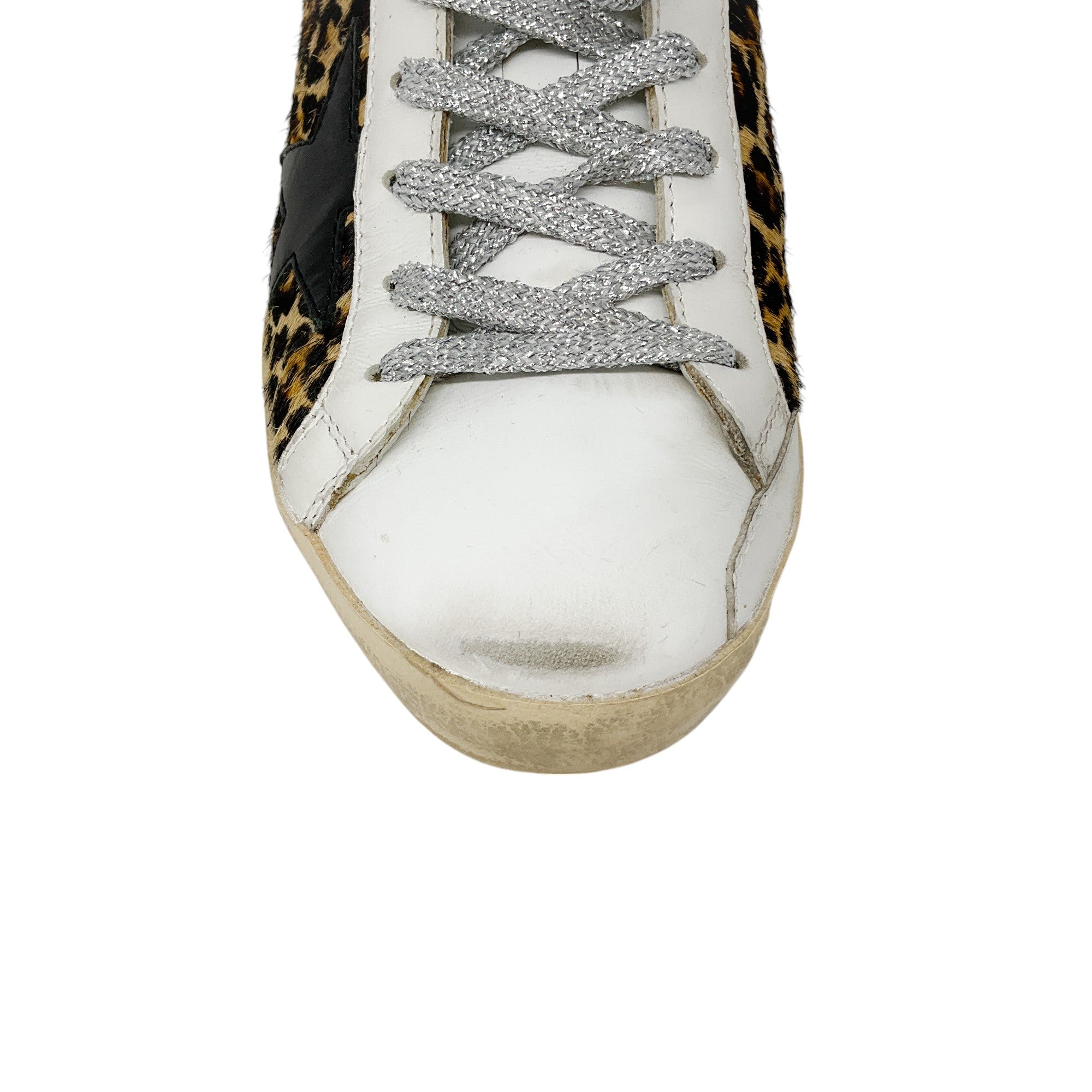 Golden Goose Deluxe Brand GGDB White Multi Shearling Trimmed Leopard Print Pony Hair Open Back Superstar Sneakers