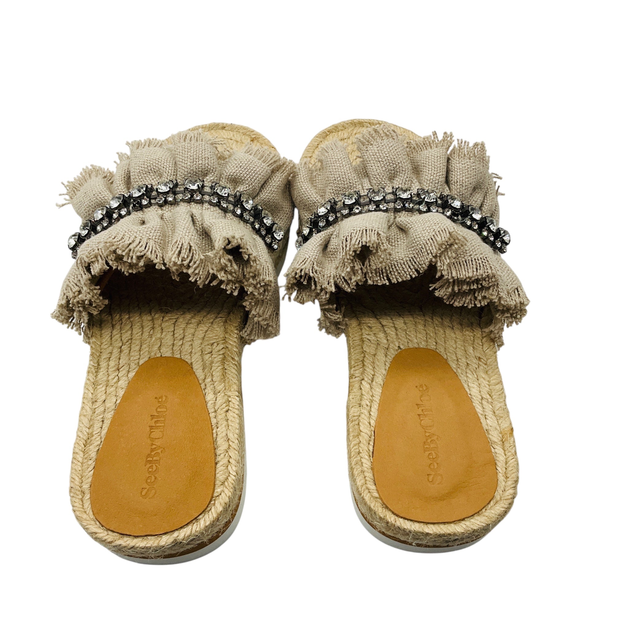 See by Chloe Beige Mollie Linen Rhinestone Espadrille Sandals
