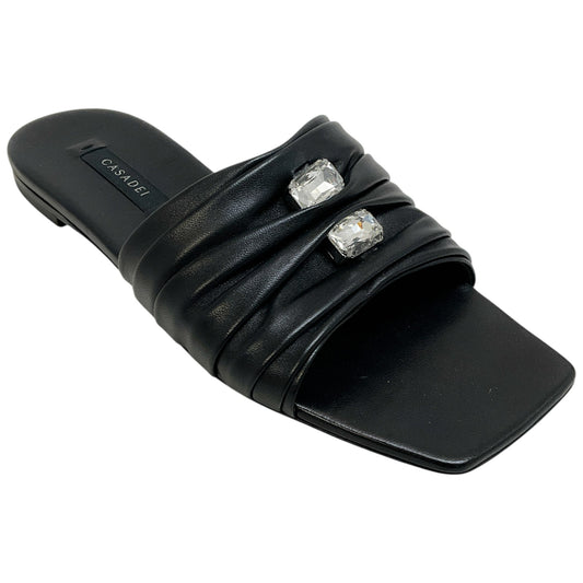 Casadei Black Leather Ruched Flat Slides with Crystals

