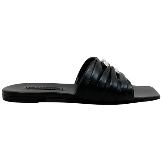 Casadei Black Leather Ruched Flat Slides with Crystals