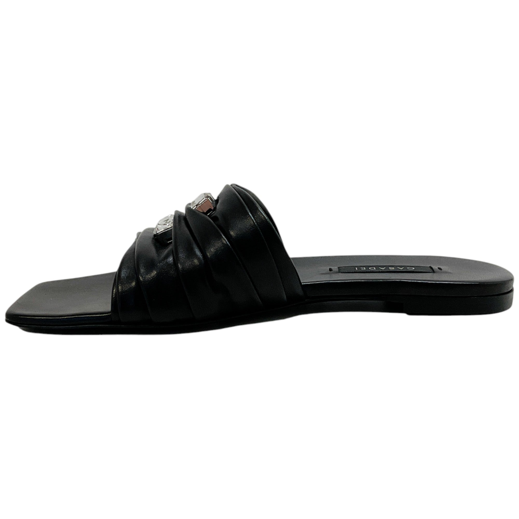 Casadei Black Leather Ruched Flat Slides with Crystals