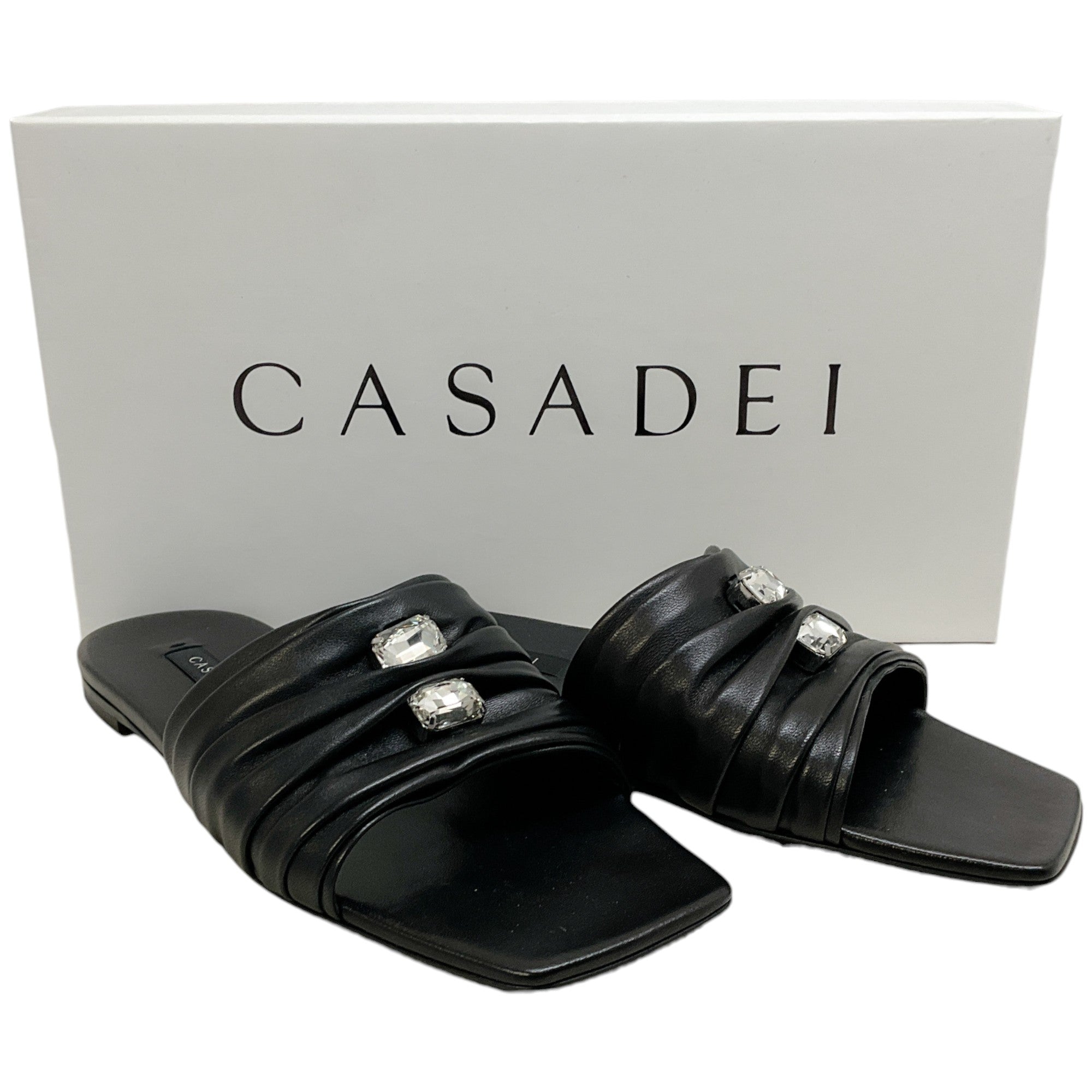 Casadei Black Leather Ruched Flat Slides with Crystals
