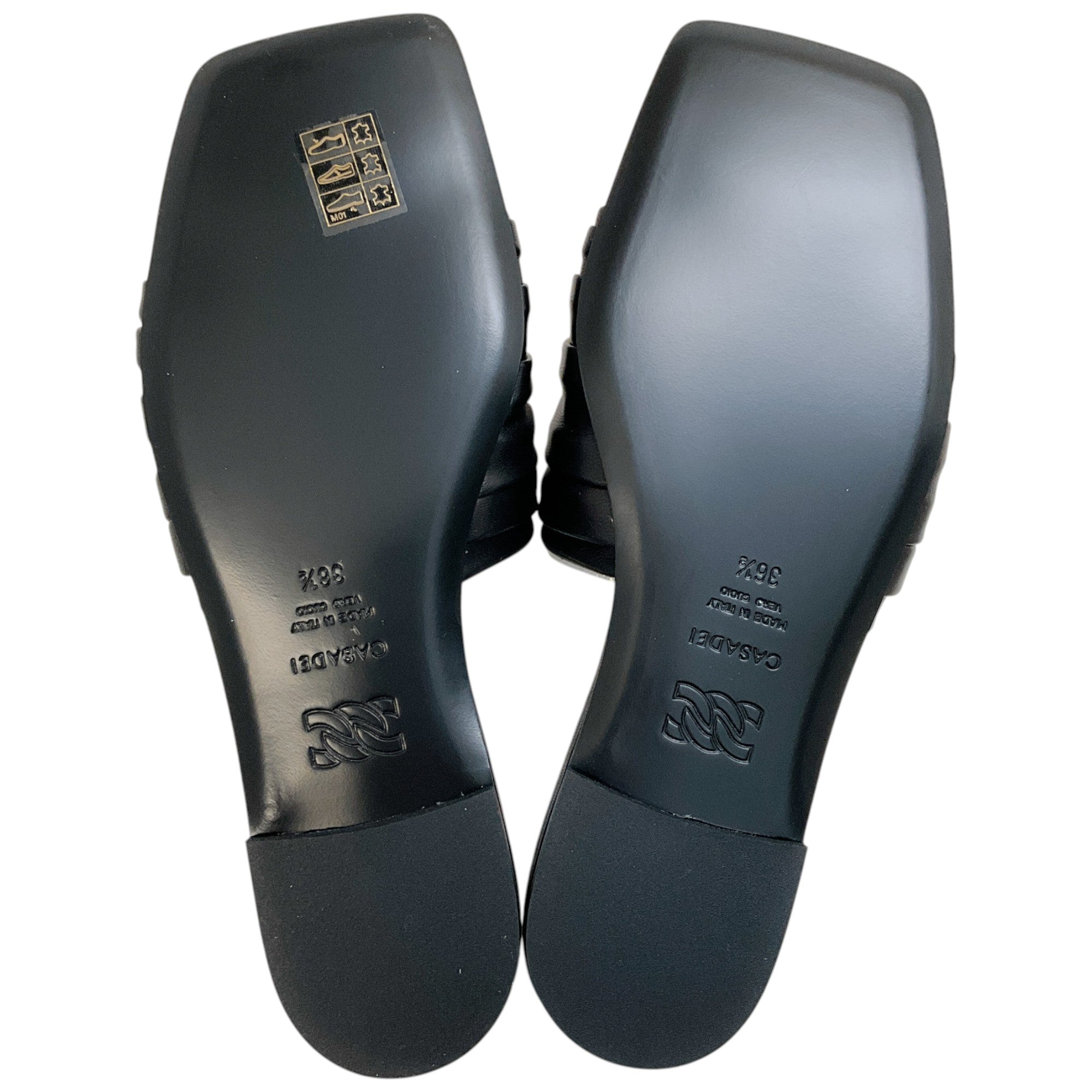 Casadei Black Leather Ruched Flat Slides with Crystals