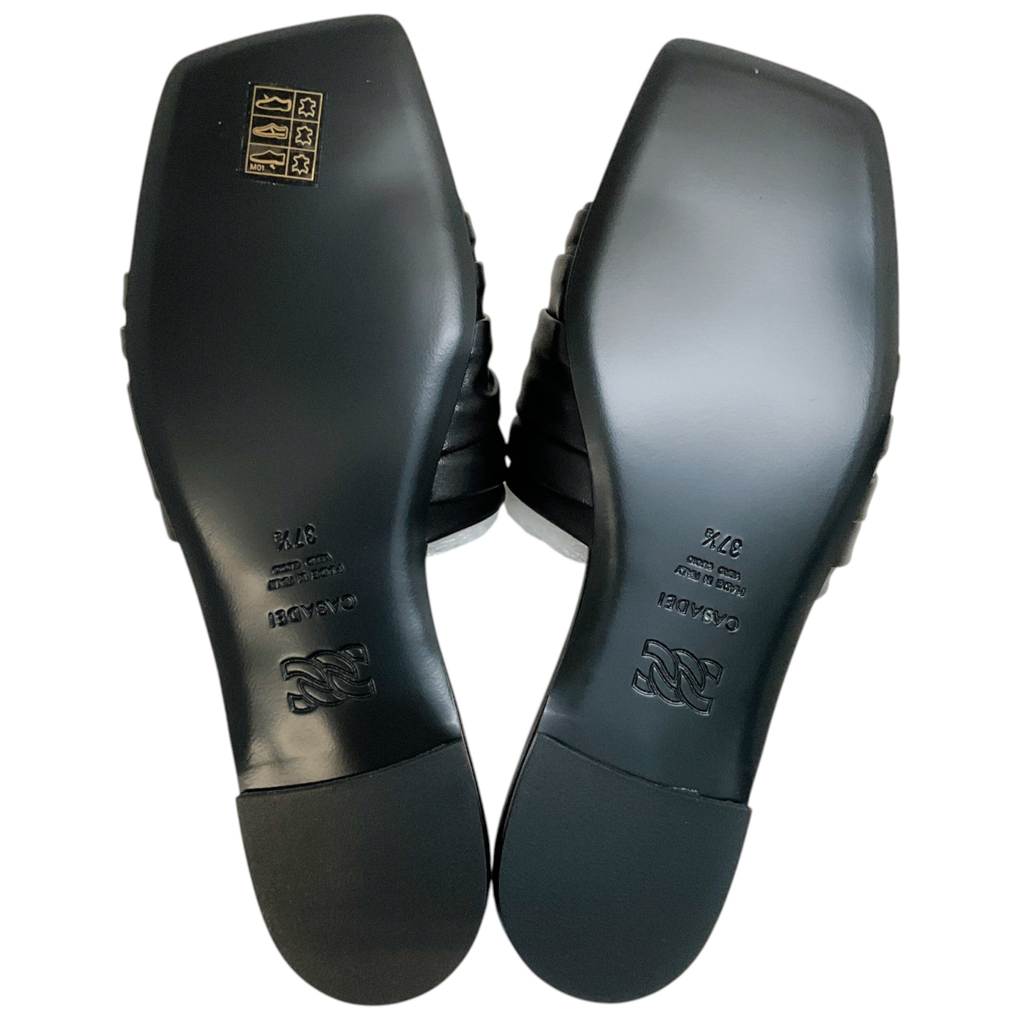 Casadei Black Leather Ruched Flat Slides with Crystals