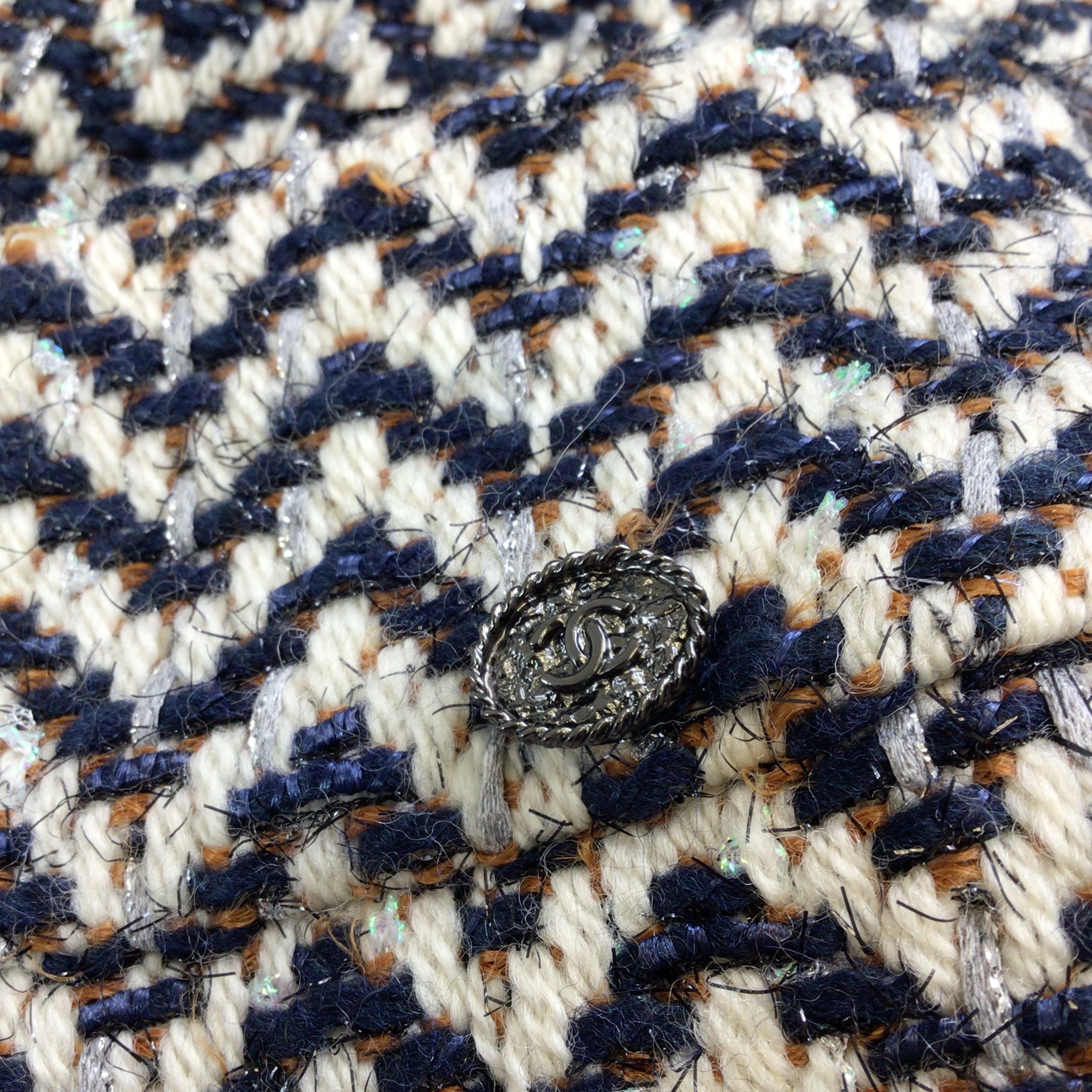 Chanel Navy Blue / Ivory / Tan Multi Metallic Detail Woven Chevron Wool Knit Skirt