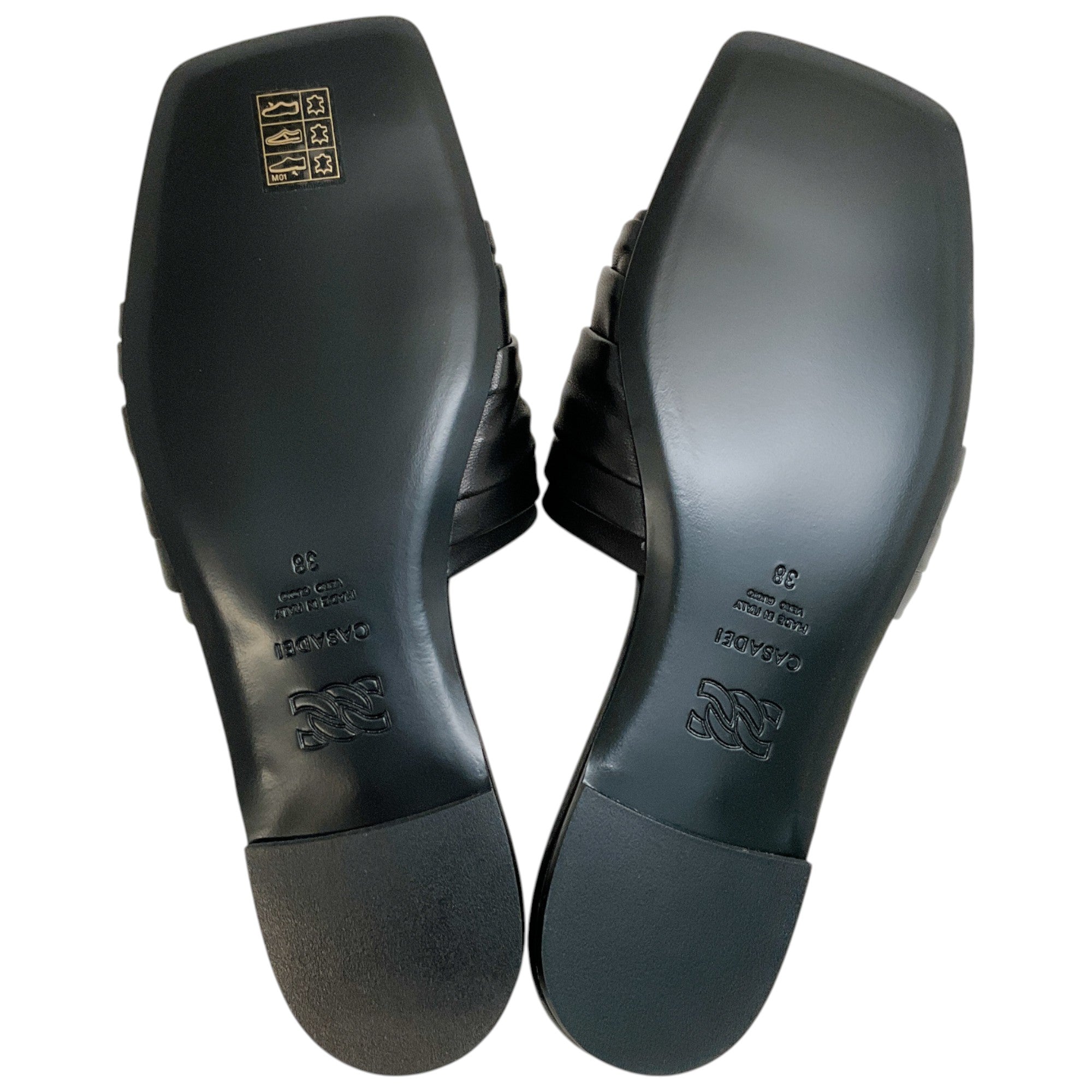 Casadei Black Leather Ruched Flat Slides with Crystals