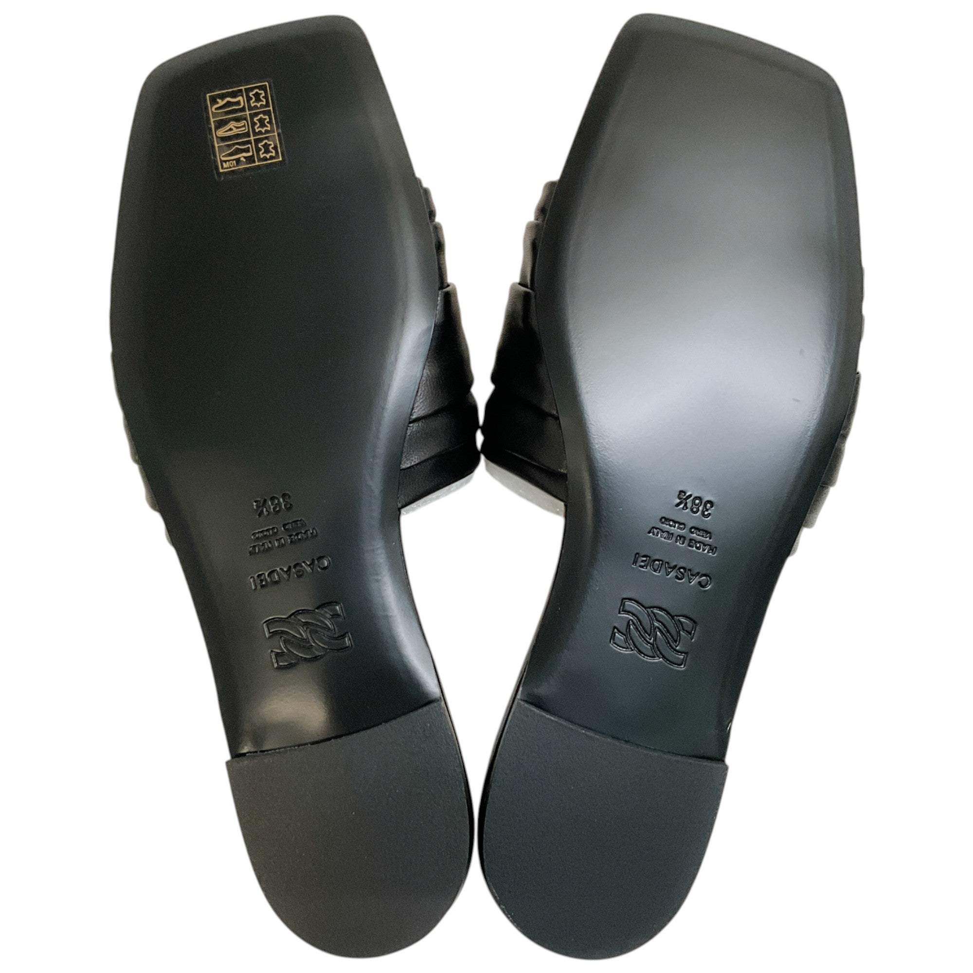 Casadei Black Leather Ruched Flat Slides with Crystals