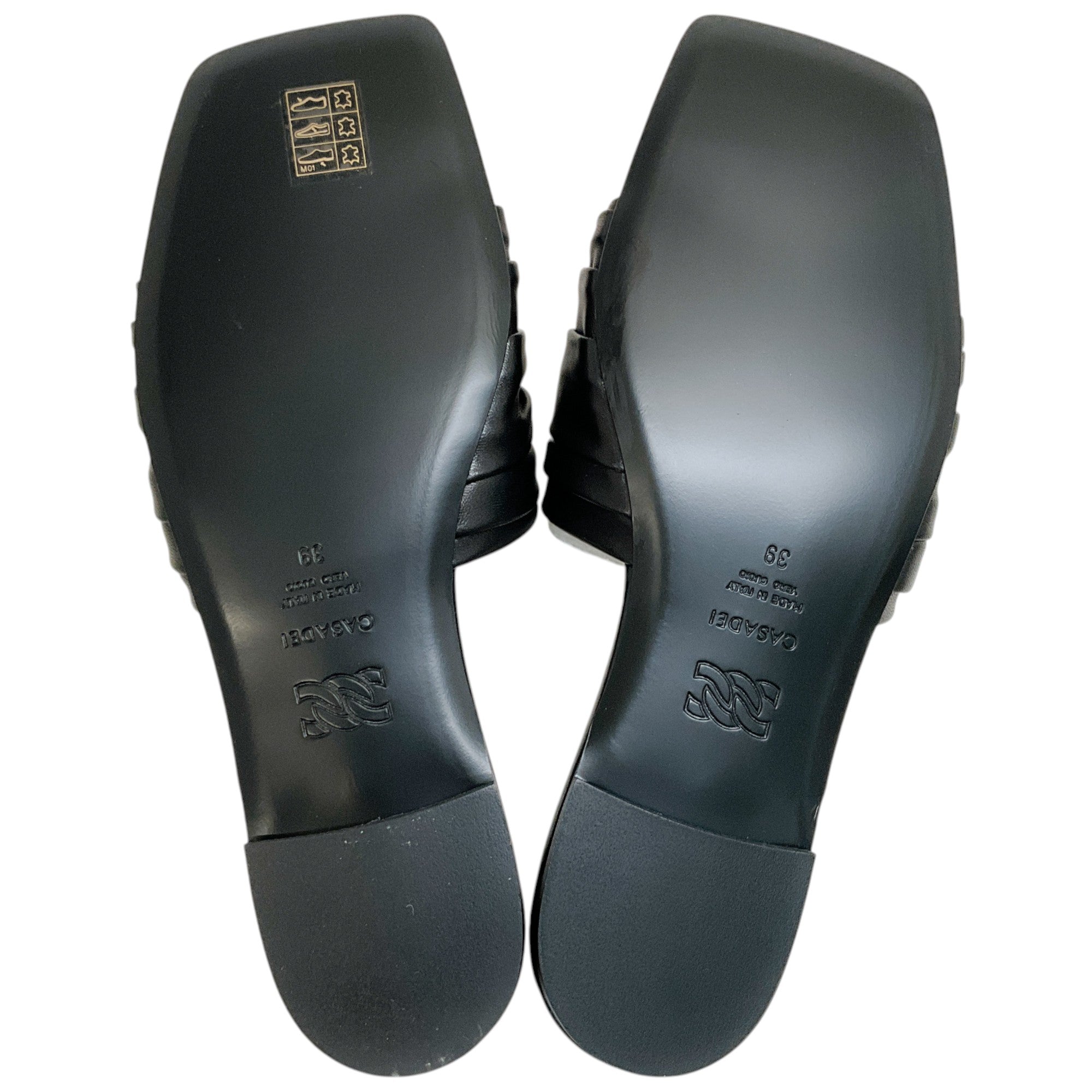 Casadei Black Leather Ruched Flat Slides with Crystals