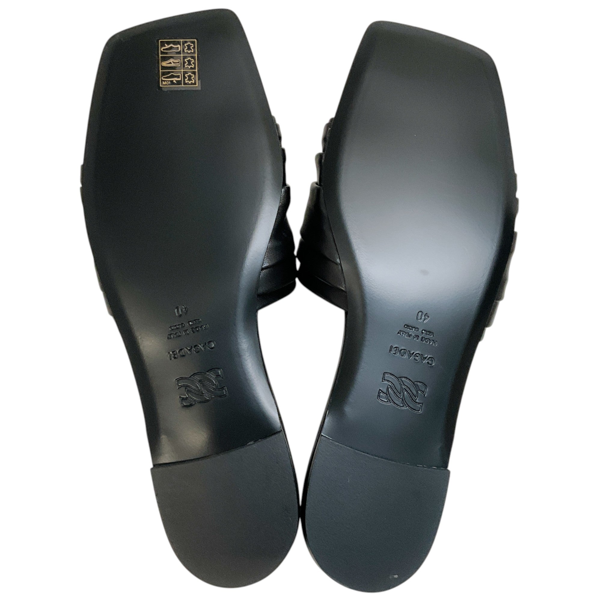 Casadei Black Leather Ruched Flat Slides with Crystals