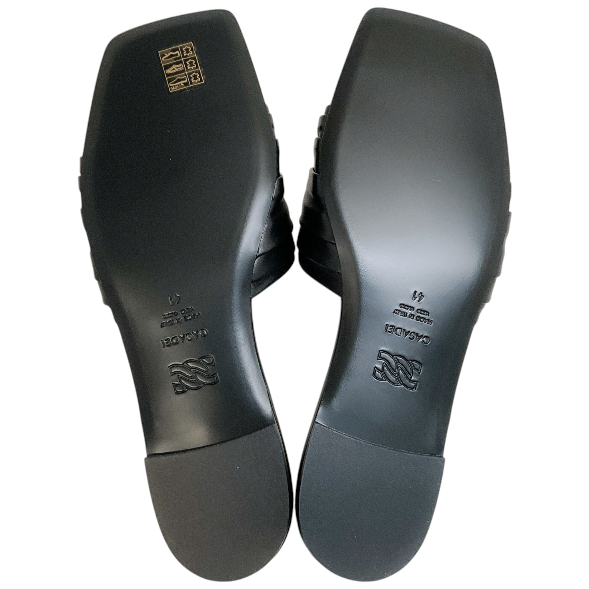 Casadei Black Leather Ruched Flat Slides with Crystals