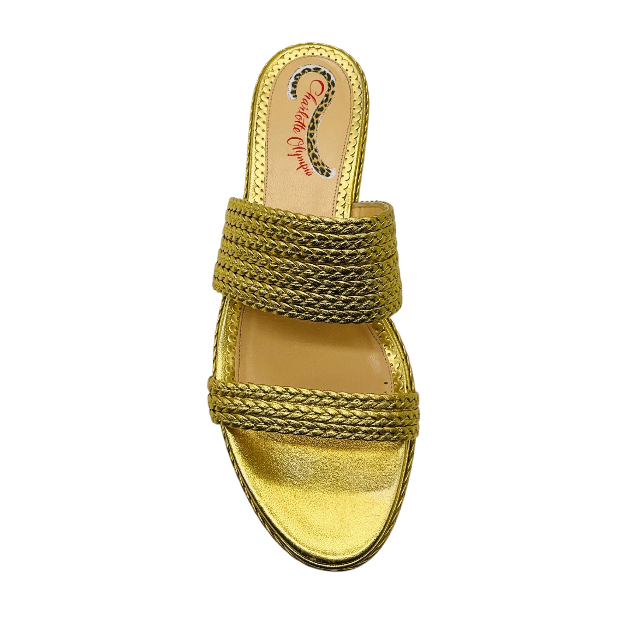 Charlotte Olympia Gold Metallic Woven Leather Flat Slide Sandals