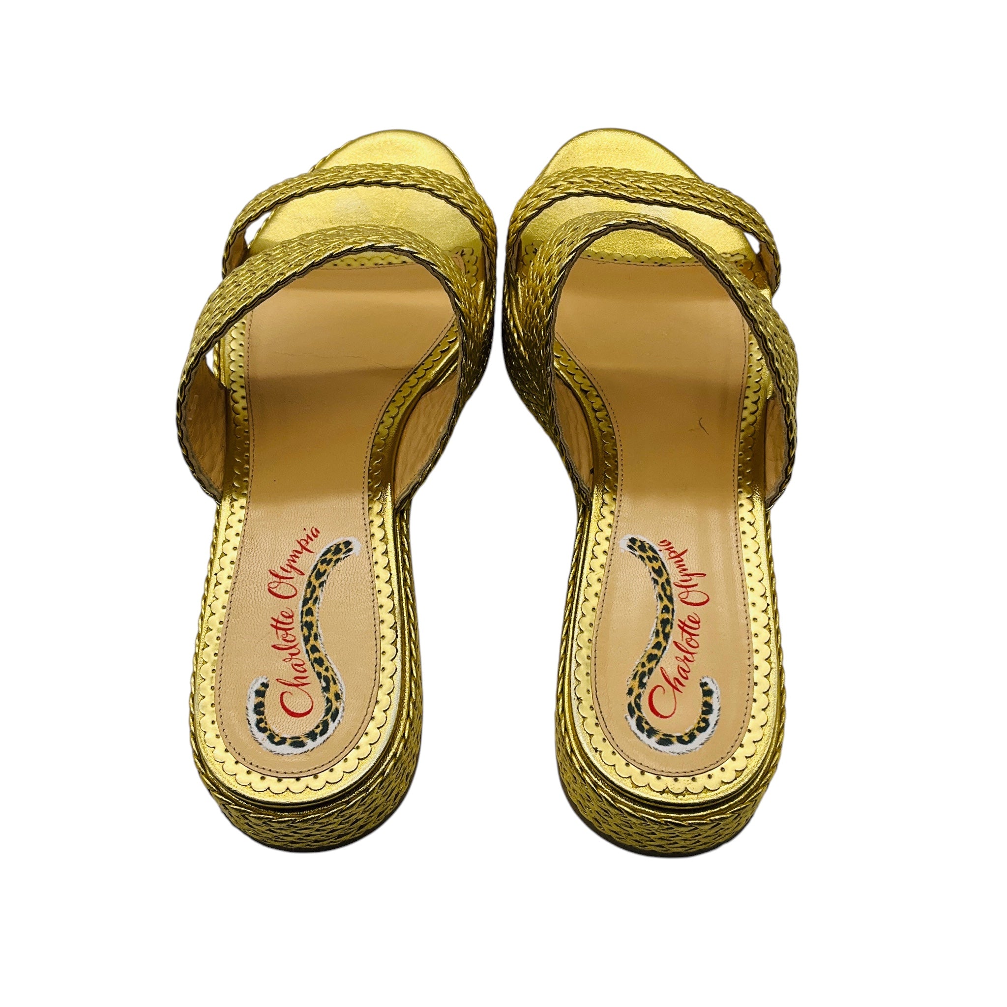 Charlotte Olympia Gold Metallic Woven Leather Flat Slide Sandals