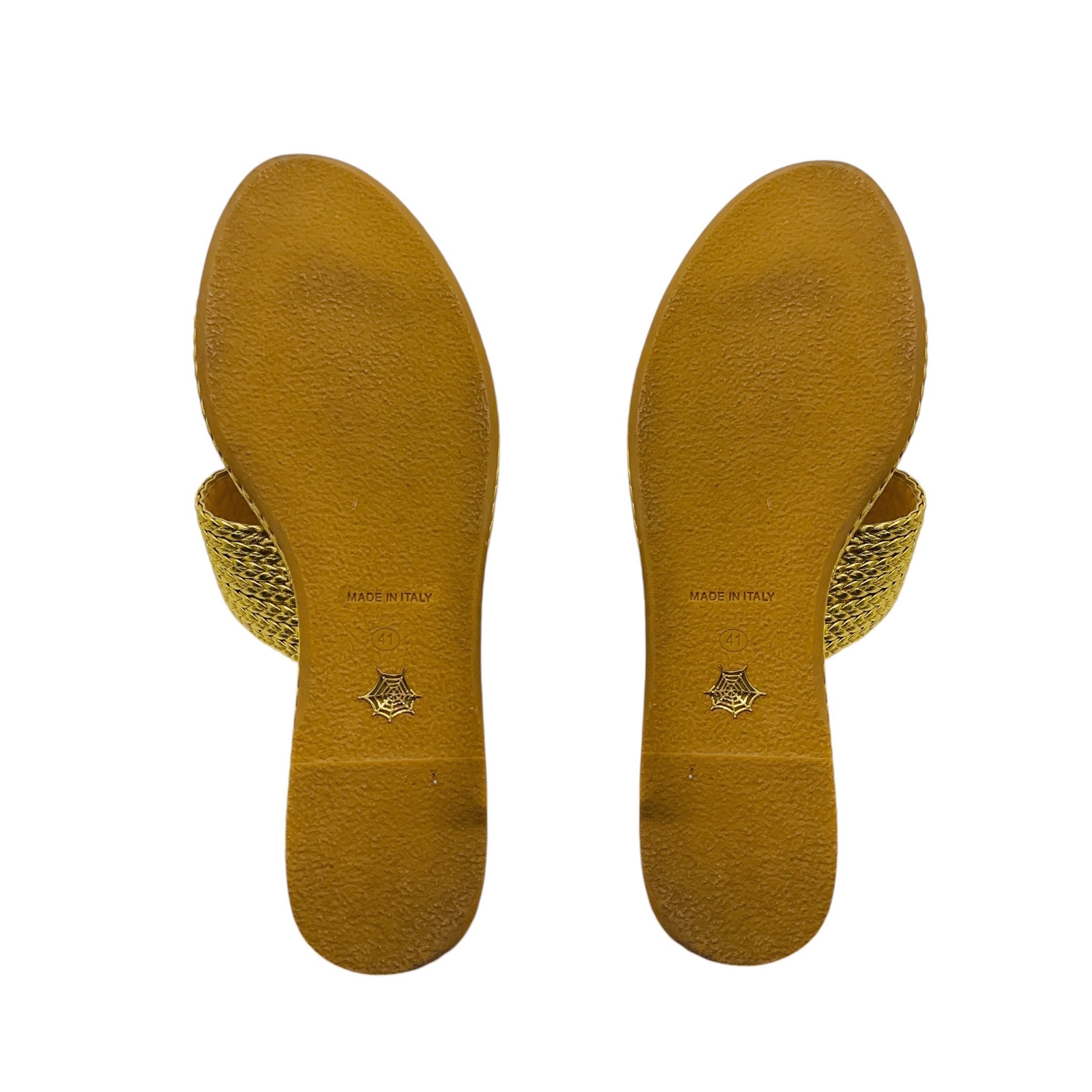Charlotte Olympia Gold Metallic Woven Leather Flat Slide Sandals