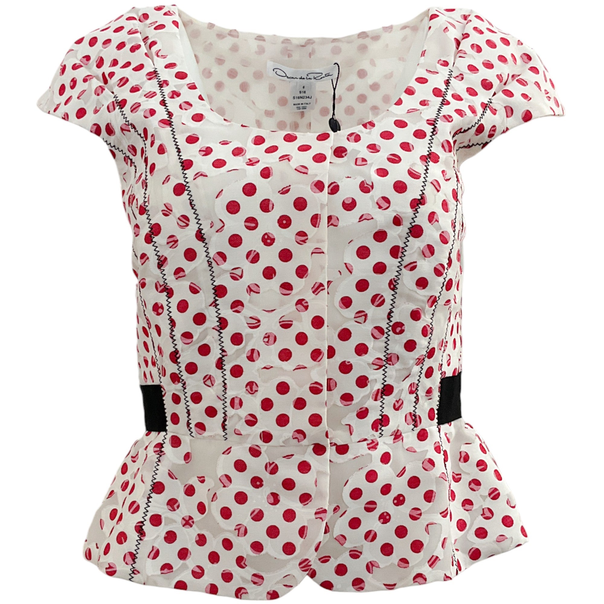 Oscar de la Renta White Cotton Peplum Top with Red Polka Dots