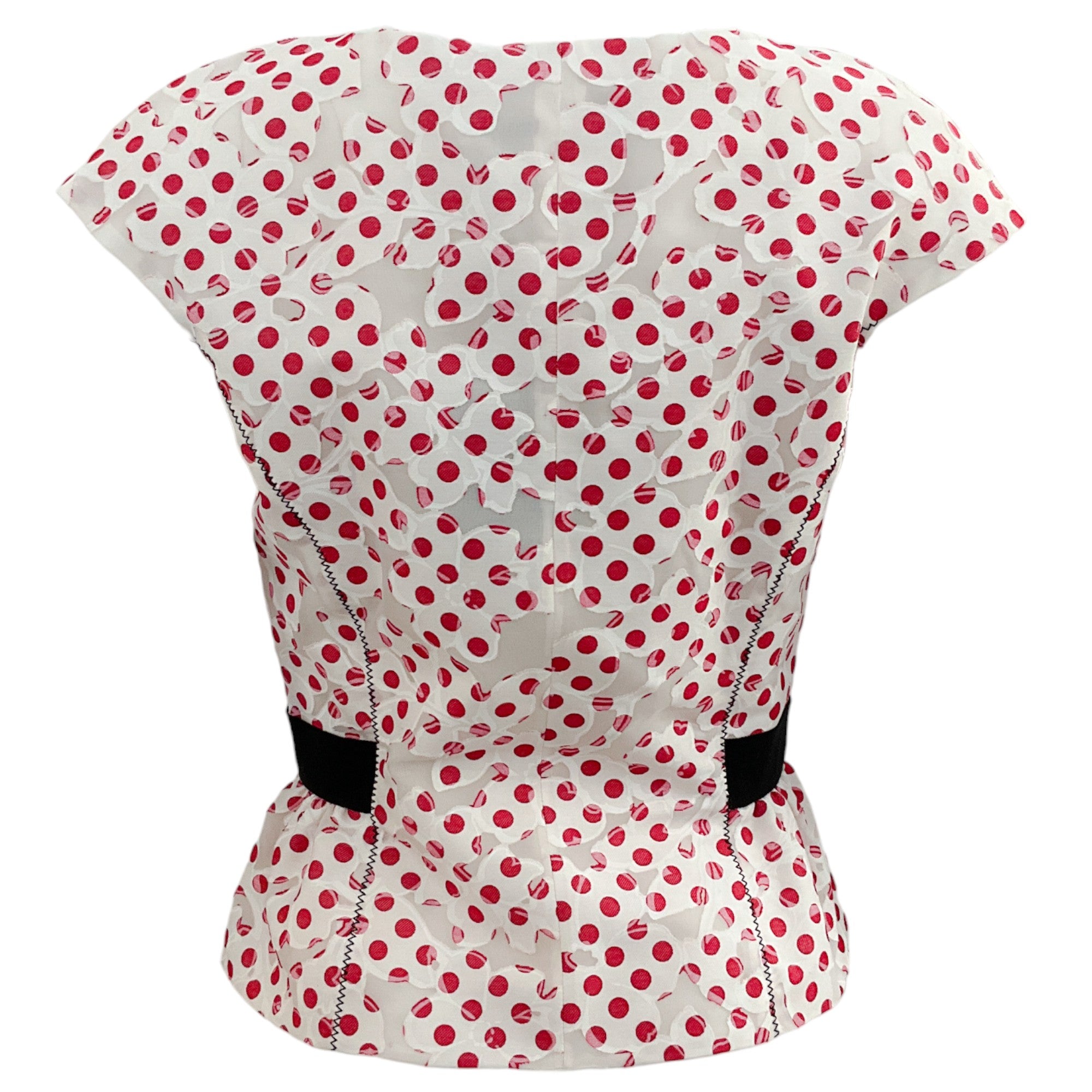 Oscar de la Renta White Cotton Peplum Top with Red Polka Dots