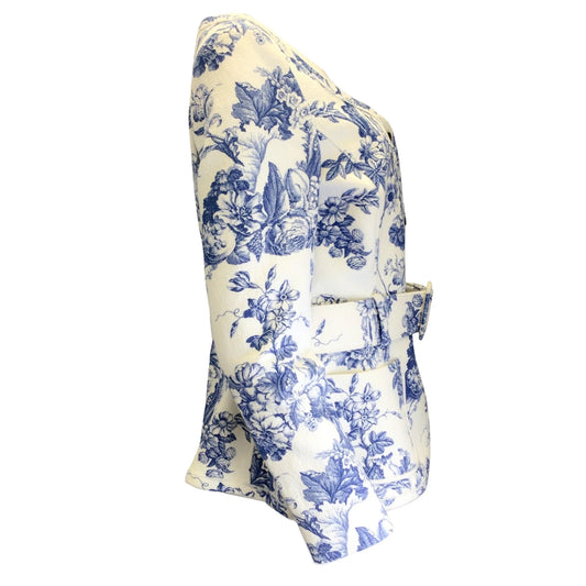 Oscar de la Renta Ivory / Blue Floral Printed Belted Cotton Jacket