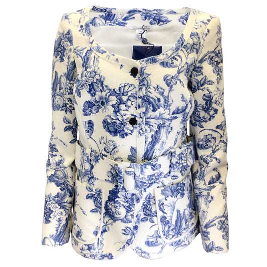 Oscar de la Renta Ivory / Blue Floral Printed Belted Cotton Jacket