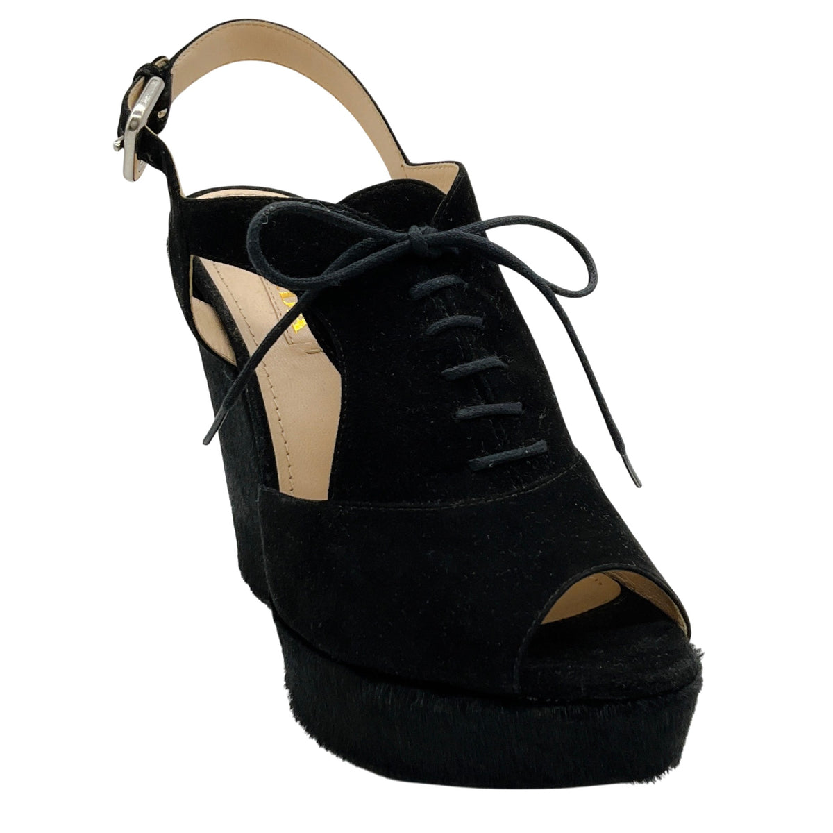 Prada Black Suede / Pony Hair Platform Slingback Wedges
