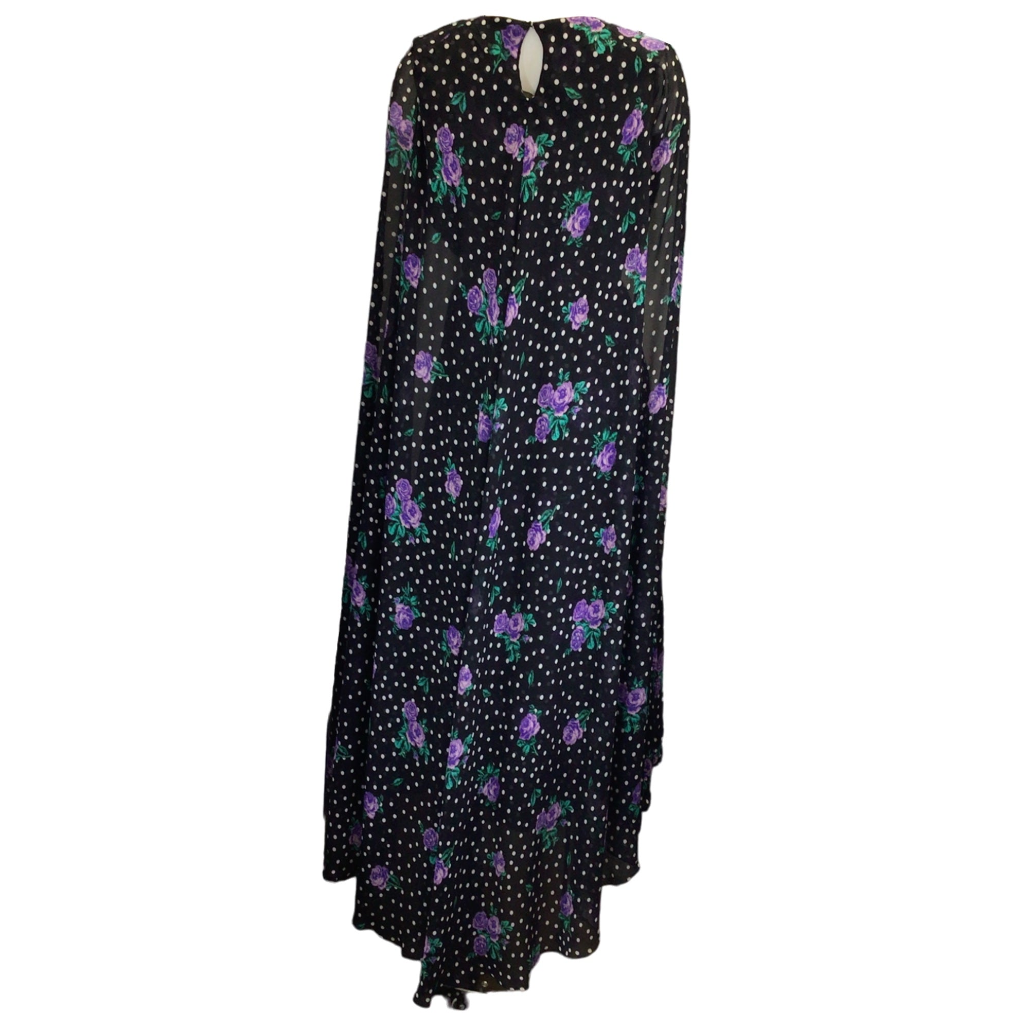 Richard Quinn Black Multi Floral Polka Dot Print Cape Detail Silk Maxi Dress