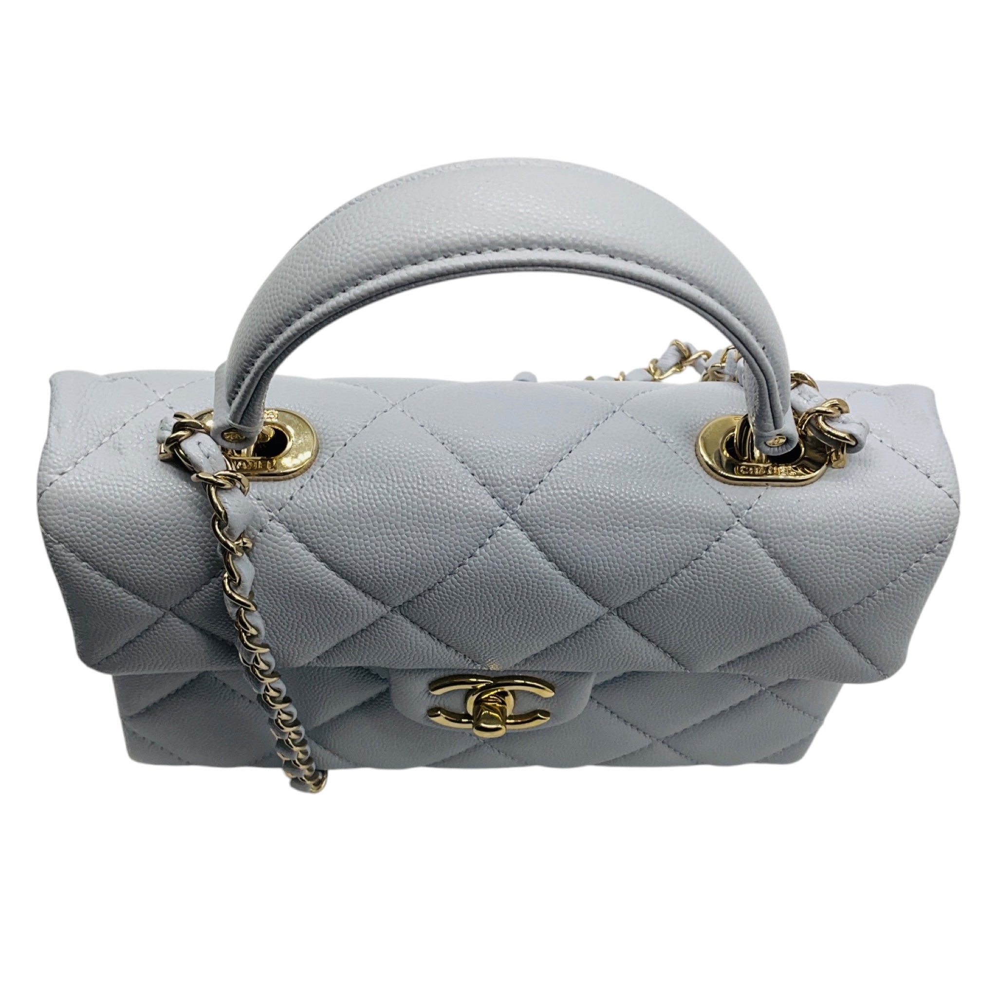 Chanel Light Blue Quilted Caviar Leather Retro Top Handle Flap Bag