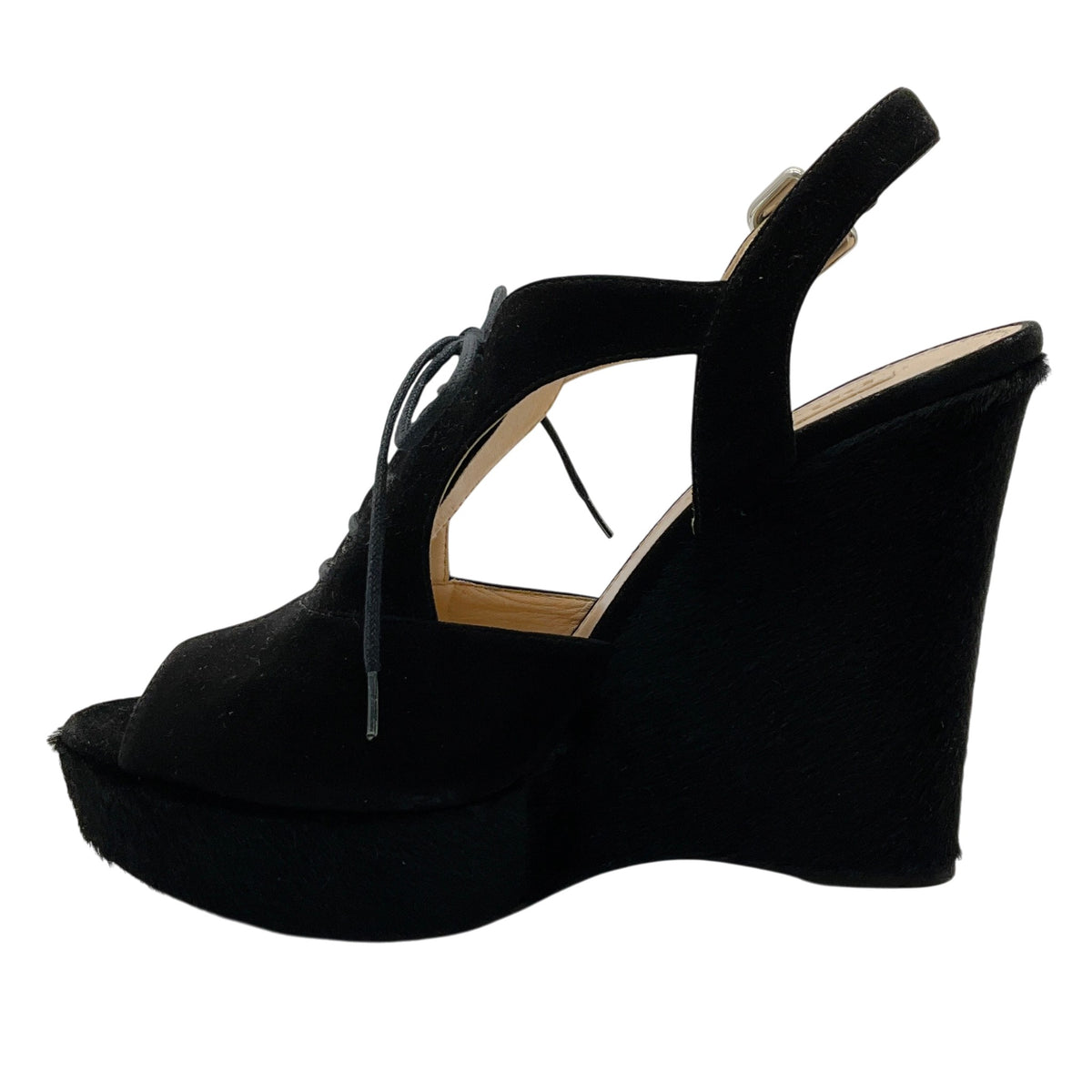 Prada Black Suede / Pony Hair Platform Slingback Wedges