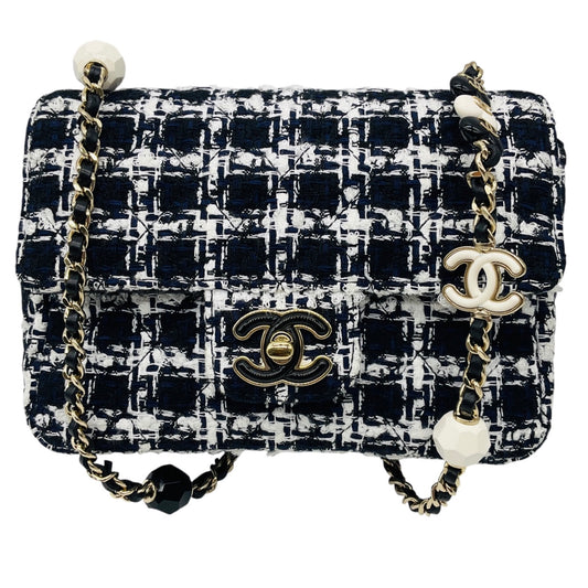 Chanel Black / White / Navy Blue Quilted Tweed Resin Heart Mini Flap Crossbody Bag