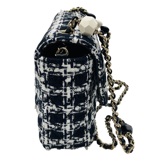 Chanel Black / White / Navy Blue Quilted Tweed Resin Heart Mini Flap Crossbody Bag