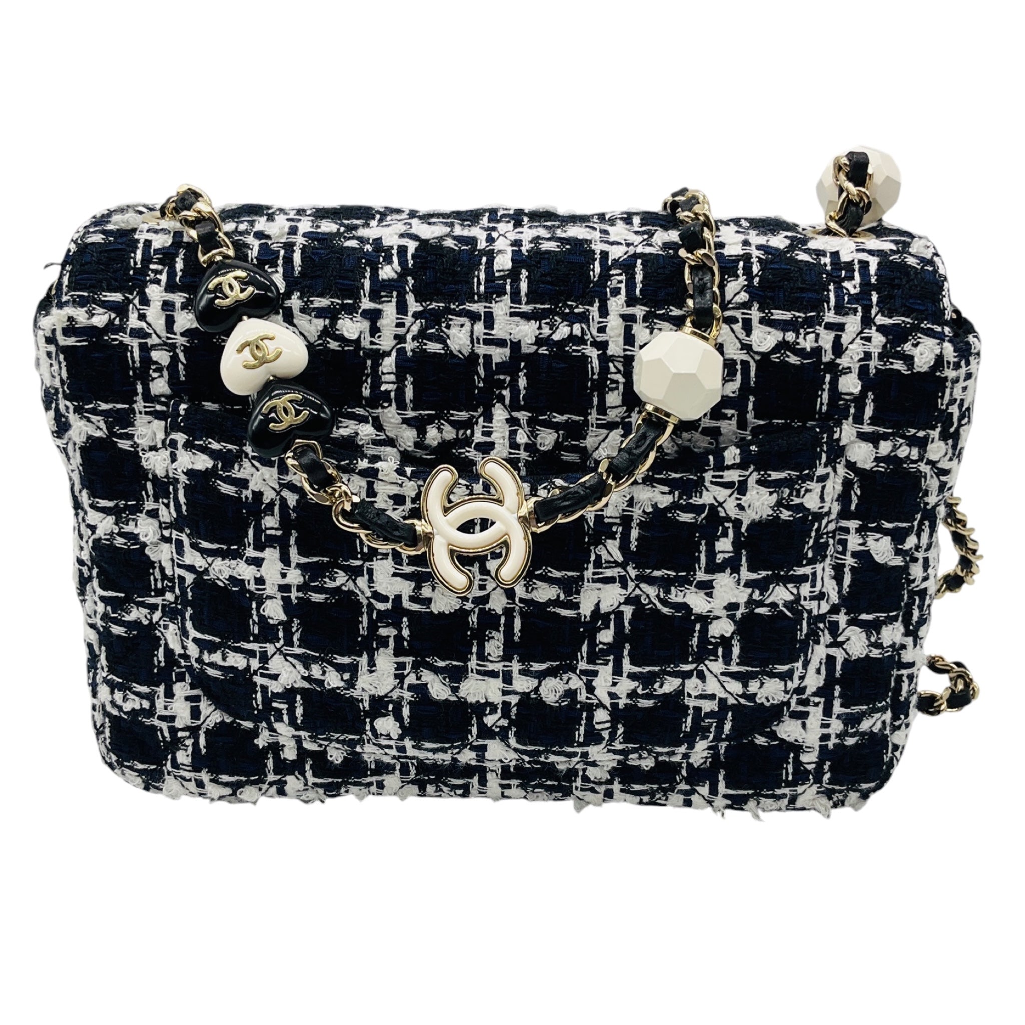 Chanel Black / White / Navy Blue Quilted Tweed Resin Heart Mini Flap Crossbody Bag
