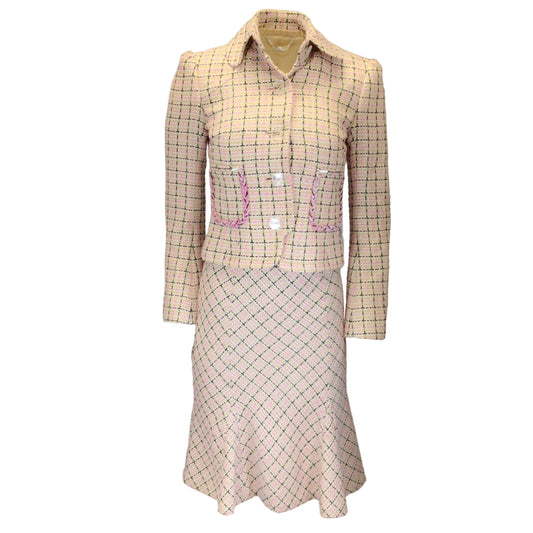 Tuleh Beige / Pink / White / Black Multi Woven Tweed Jacket and Skirt Two-Piece Set